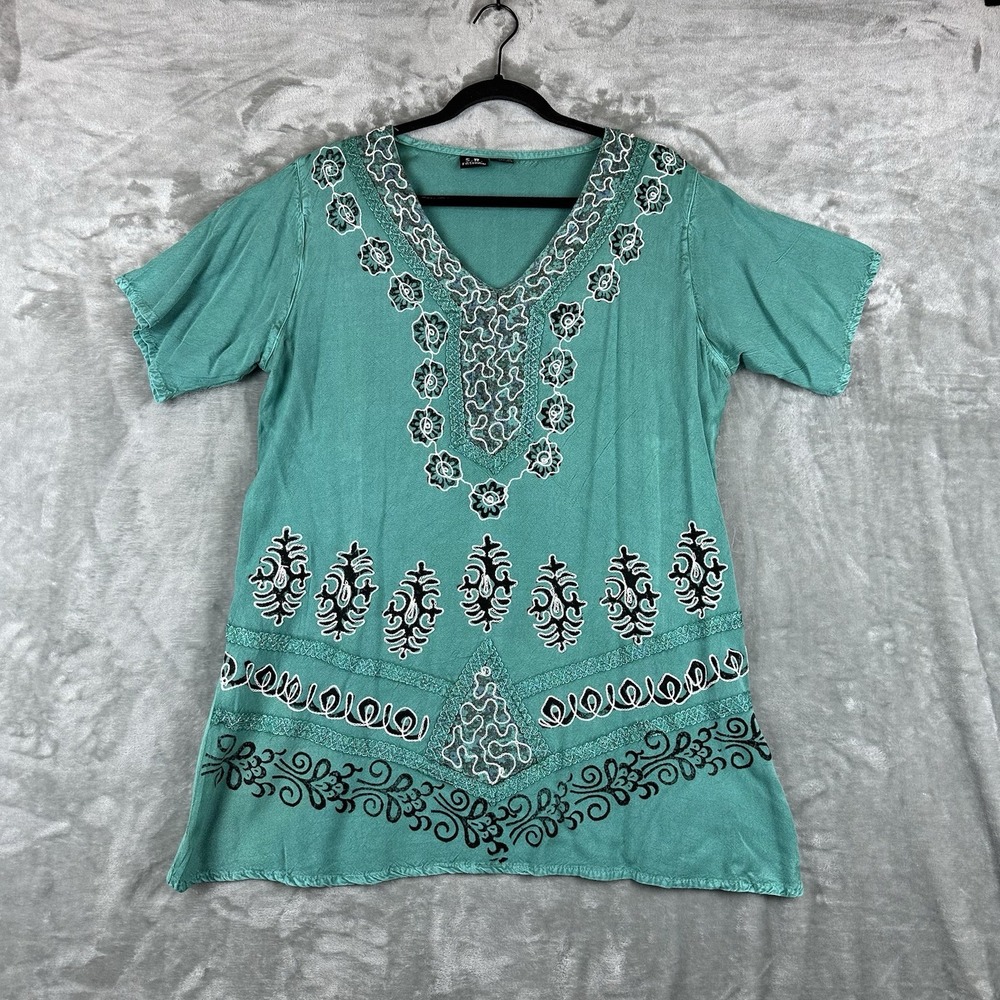 SR Fashion Tunic Top Women's Free Size Green Black Embroidered Design